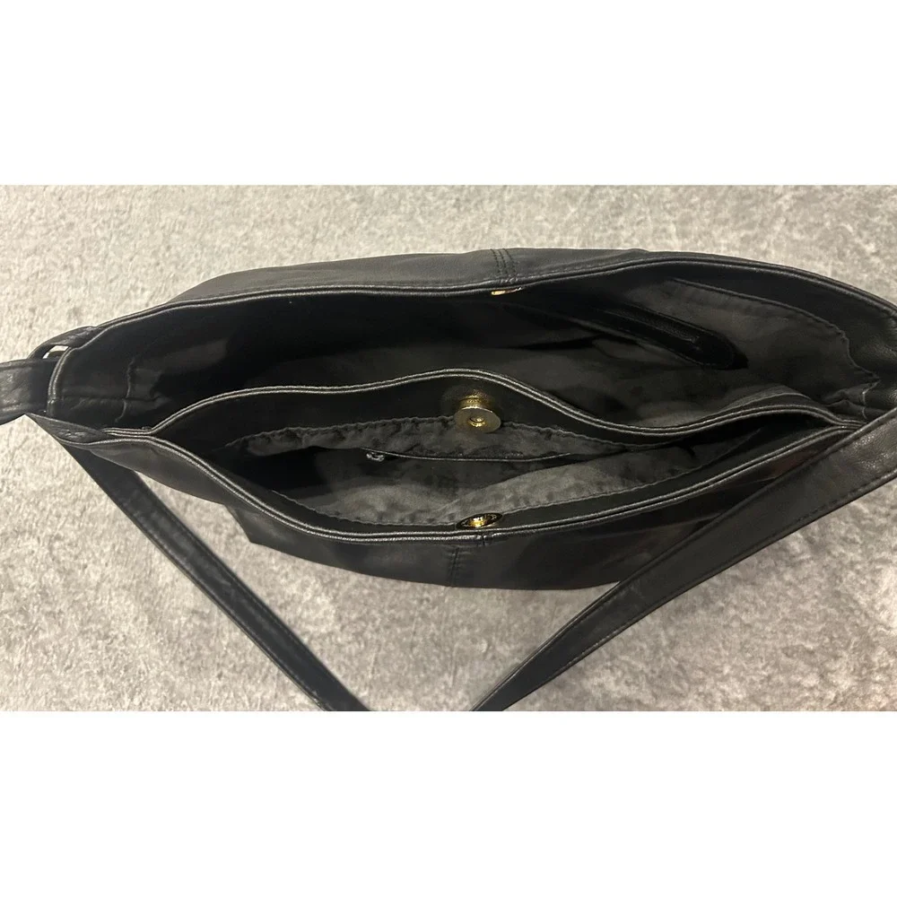 Vintage Black Leather Shoulder Bag Minimalist Hobo Purse Gold Hardware Trim